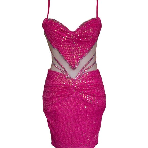 Mini Sequin Heart Hot Pink Dress - Picture 2 of 6